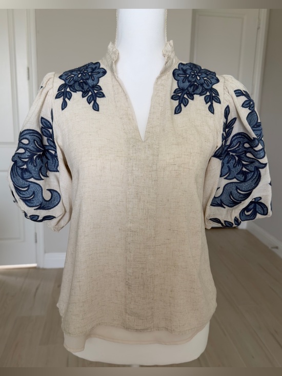 THML Tops - THML Cream Blouse with Navy Floral Embroidery